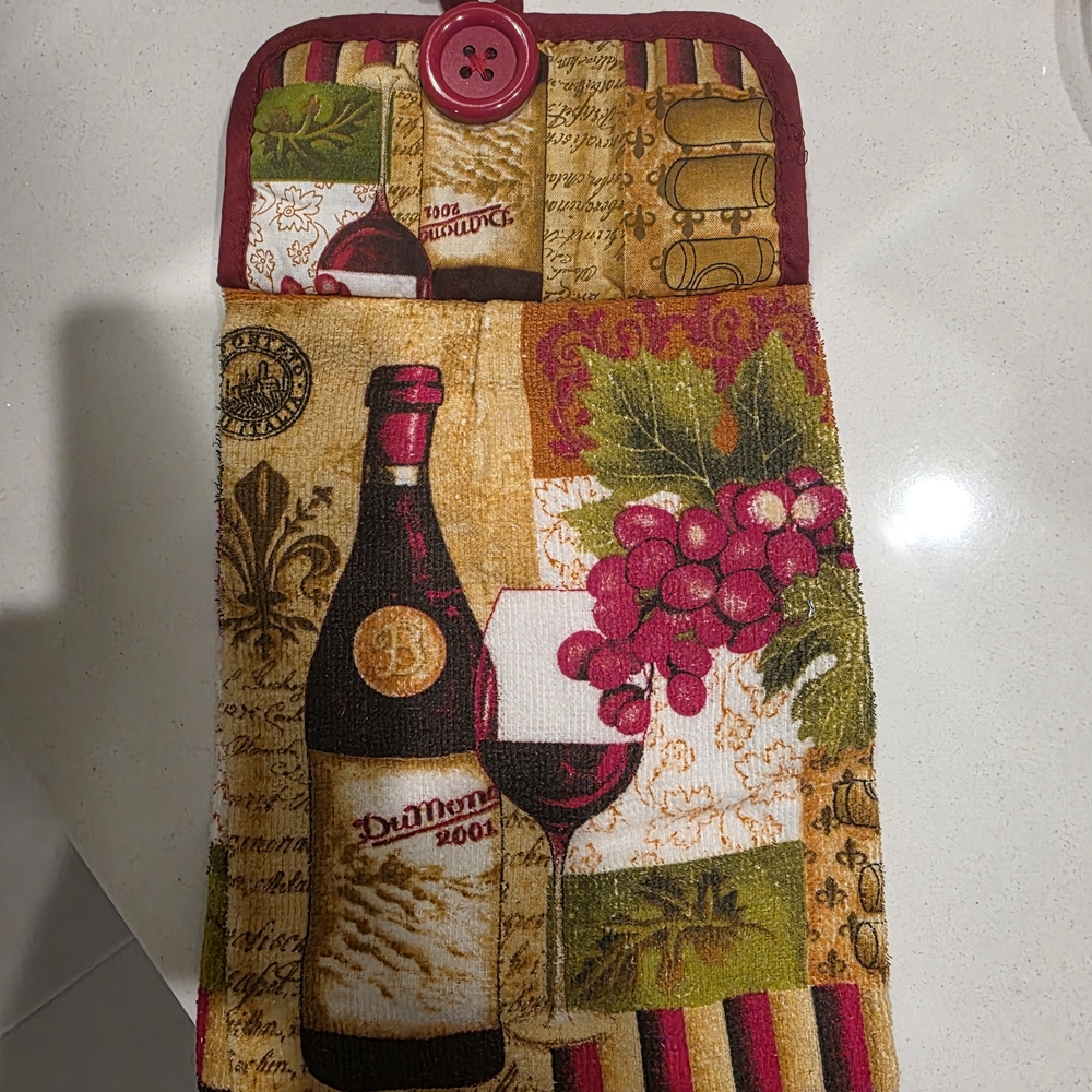Wine-Themed Decorative Towel with Button Accent